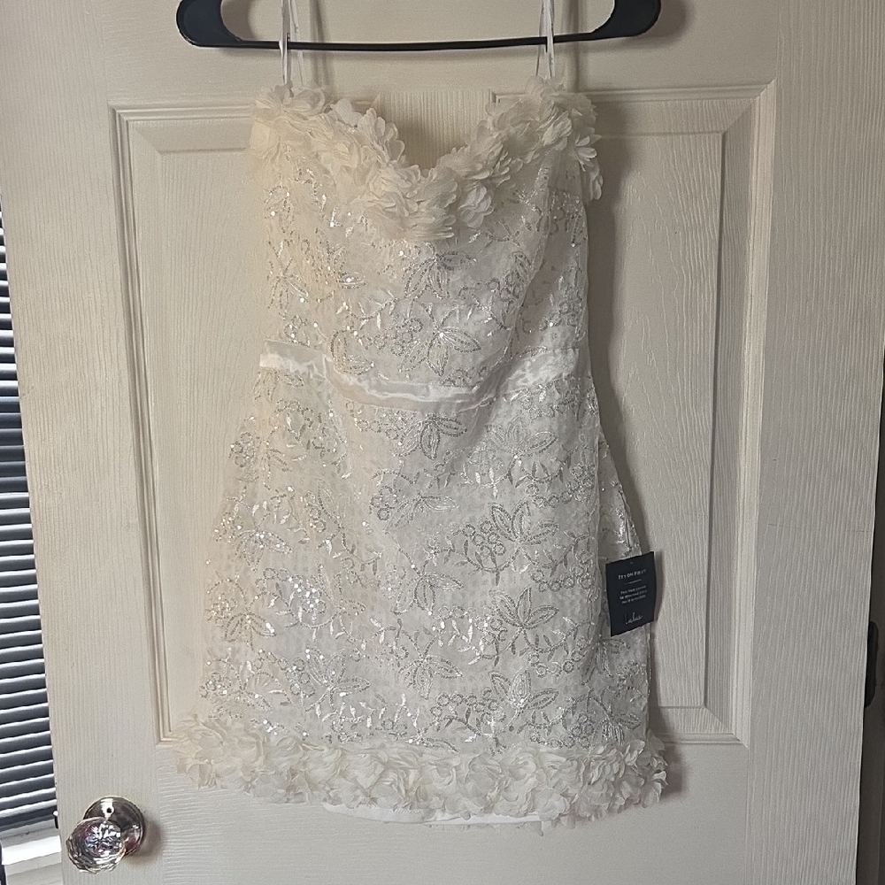Lulu's Strapless White/Cream Floral Sequin Mini Dress